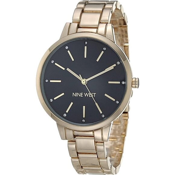 ✨ Nine West Crystal Accented Bracelet Women Black Mineral Adjustable Clasp Watch - Picture 1 of 7